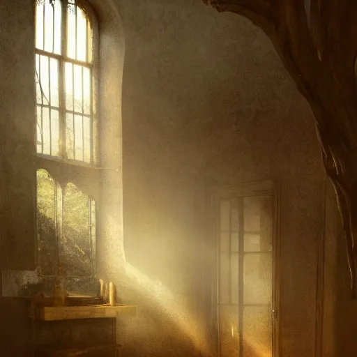 Image similar to the interior of an old abandoned house, an oak tree grows inside, golden rays of sunlight enter through the window, digital art, trending on artstation, matte painting, concept art, drawn by greg rutkowski, inspired by johannes vermeer, warm colors