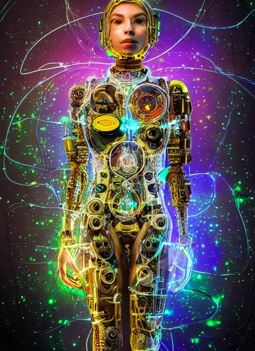 Prompt: intricate cyborg pilot girl with electromechanical robot parts, embedded in motherboard wall, connected made of and covered with many colorful wires, featuring beautiful detailed machined crystal eyes glowing with nebula, background glowing game server powered by galaxies. backlit luminous shiny metallic