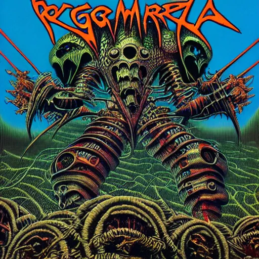 Image similar to thrash metal album cover in the style of roger dean, realistic, sharp focus, 8k high definition, insanely detailed, intricate, elegant, art by philippe druillet and virgil finlay