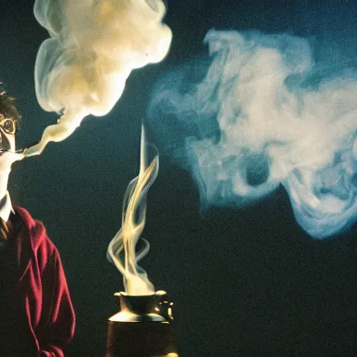 Image similar to harry potter exhaling a huge smoke cloud from his magical wizard bong, film still, cinematic lighting