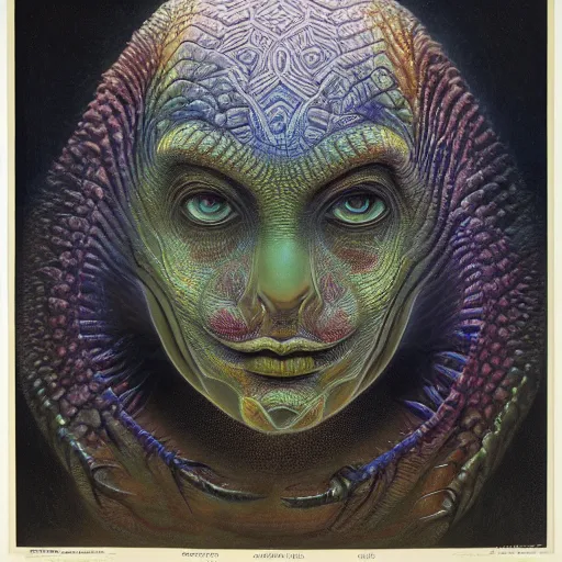 Prompt: perfectly centered portrait, front view of an extremely high reptilian alien, female, intense stare, vril, symmetrical, concept art, intricate detail, volumetric shadows and lighting, beautiful colors, vibrant, realistic oil painting by gustave dore and alex grey,