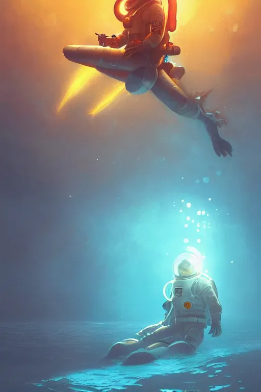 Image similar to astronaut underwater in the ocean at night, volumetric lighting, glowing lights, 4k, octane, digital painting, artstation, concept art, sharp focus, illustration, art by artgerm and greg rutkowski and alphonse mucha