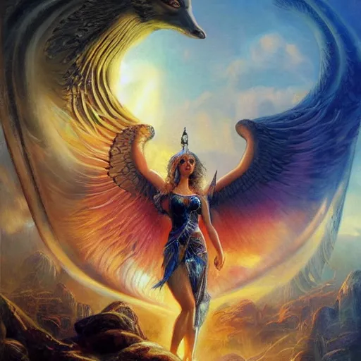 Image similar to valkyrie, norse goddess, volumetric light, global illumination, by karol bak, by lisa frank