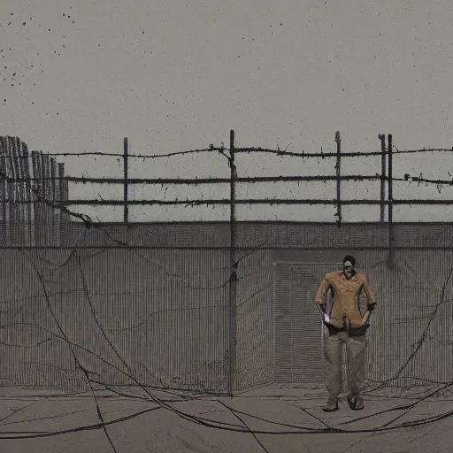 Image similar to a dystopian matte painting of a scared man standing in front of a fence with barbed wire by emiliano ponzi, james gilleard, george ault, david hockney, atey ghailan, albert namatjira, marius borgeaud, minimalist, bauhaus, retrofuturism, concept art, matte background, matte drawing, generative art