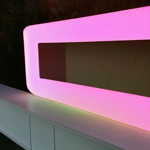 Image similar to An ultra high definition, professional photograph of an outdoor partial IKEA showroom inspired sculpture with a emoji smiley face white dot matrix light sign located on a pastel pink beach ((with pastel pink, dimpled sand where every item is pastel pink. )) The sun can be seen rising through a window in the showroom. The showroom unit is outdoors and the floor is made of dimpled sand. The showroom unit takes up 20% of the frame and is surrounded by barren beach environment. A square dot matrix sign displays an emoji somewhere in the scene. Morning time indirect lighting with on location production lighting on the showroom. In the style of wallpaper magazine, Wes Anderson.