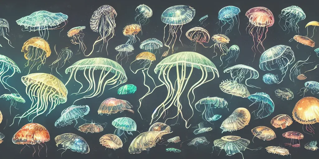 Image similar to full color page scan of various vintage jelly fish illustrations on black background, in matte painting, 2 d, kitbash, 4 k