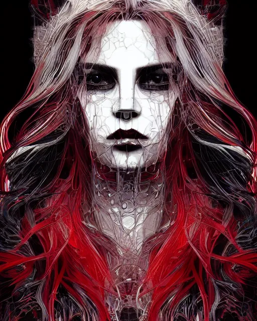 Image similar to glitch art close up portrait intense vampire, flowing hair, glitches, highly detailed, very intricate, graphical errors, art deco, glitch, chromatic aberration, harsh lighting, award - winning, unreal engine 5, illustration by mandy jurgens and alphonse mucha and yoji shinkawa, black and red only!!!, featured on artstation