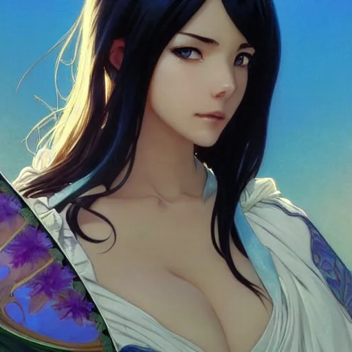 Image similar to highly detailed vfx portrait of nico robin by eiichiro oda, makoto shinkai, alphonse mucha, sharp focus, art by artgerm and greg rutkowski!, backlit, harsh overhead sunlight, blue eyes!!, aquiline nose!!, stanley kybric, kaoru mori, hyper detailed, smooth pixiv, fanbox,