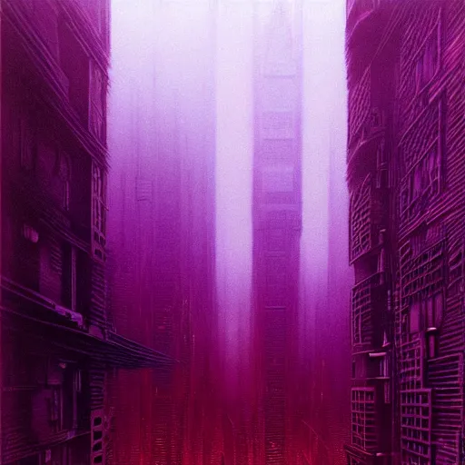 Image similar to perfect Cyberpunk city engulfed in a purple mist. Tsutomu Nihei, Zdzisław Beksiński, Art station.