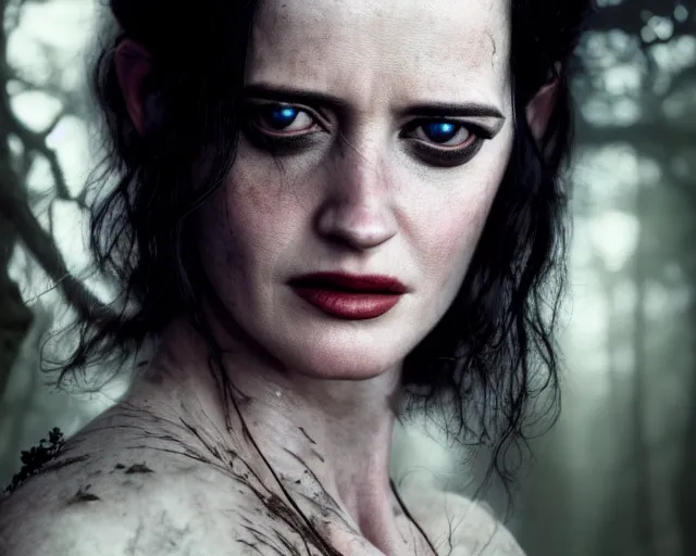 Image similar to 5 5 mm portrait photo of a real life tough looking eva green as ciri with a large scar along her left cheek, in a magical forest. dark atmosphere. art by greg rutkowski. highly detailed 8 k. intricate. lifelike. soft light. nikon d 8 5 0.