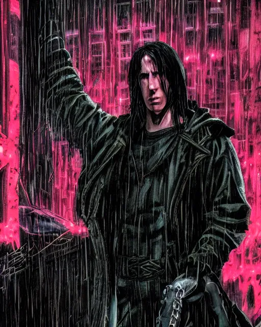 Image similar to An epic fantasy comic book style portrait painting of a very imposing Industrial goth Trent Reznor in the rain, wet hair, neon reflections, character design by Mark Ryden and Pixar and Hayao Miyazaki, still from Akira (1988), unreal 5, DAZ, hyperrealistic, octane render, cosplay, RPG portrait, dynamic lighting, intricate detail, cinematic