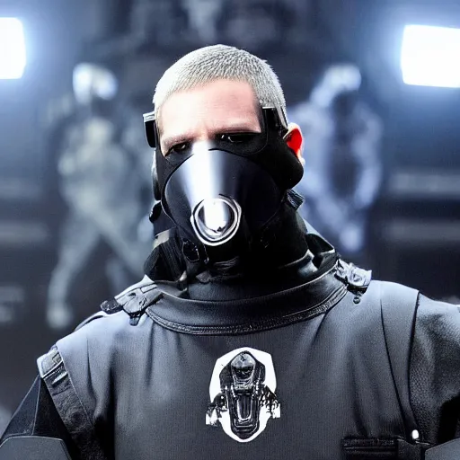 Image similar to eminem wearing a futuristic full face ballistic mask which is large video screen image of eminem's face, and he is wearing black leather exoskeleton mechanical body armor. a mini - gun is attached to the end of a robot arm that mounted on his shoulder - h 6 4 0