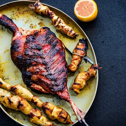 Prompt: food photography award winning rotisserie grilled mermaid on a platter