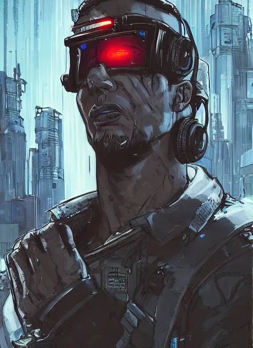 Image similar to Menacing Hector. buff cyberpunk mercenary wearing a cyberpunk headset, military vest, and pilot jumpsuit. square face. Realistic Proportions. Concept art by James Gurney and Laurie Greasley. Moody Industrial skyline. ArtstationHQ. Creative character design for cyberpunk 2077.