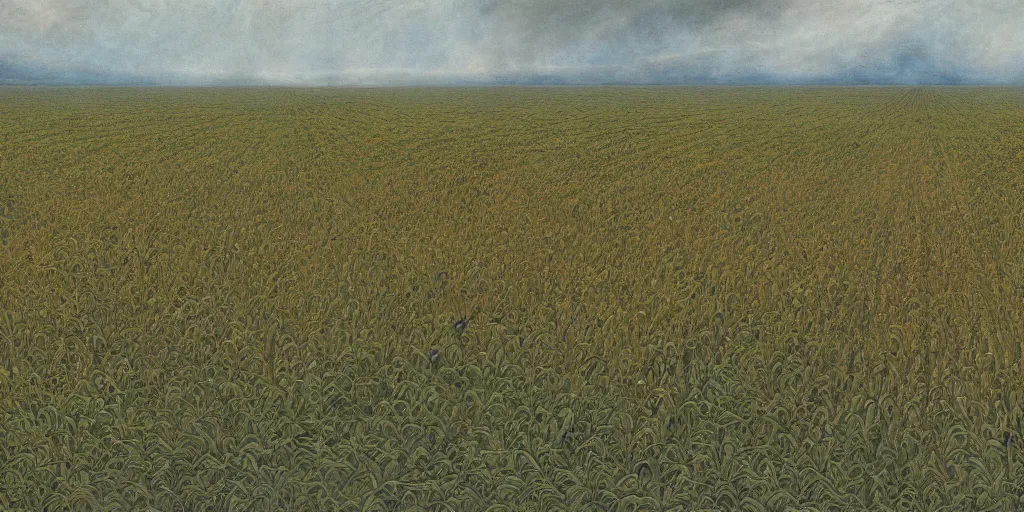 Image similar to Artwork by John Howe of the cinematic view of an insect-covered field of crops