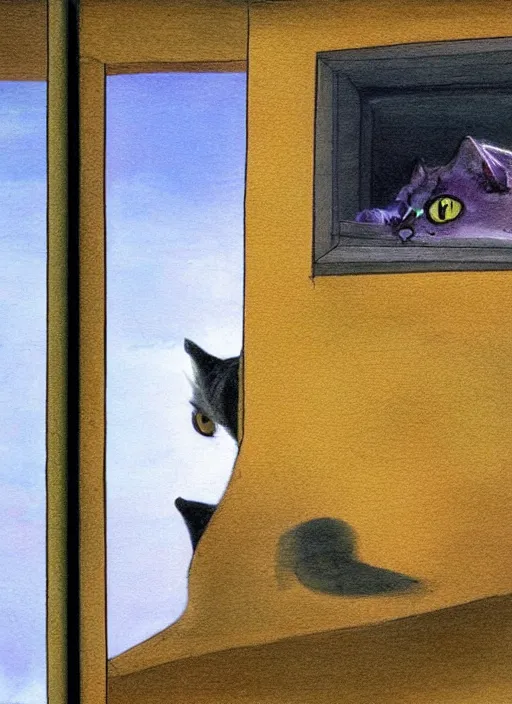 Prompt: cat watching a martian landscape from inside a window, photorealism