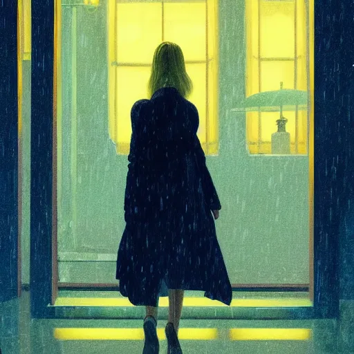 Prompt: Elle Fanning lost at sea at night in the world of Edward Hopper, stormy snowy weather, streetlights, extremely detailed masterpiece, oil on canvas, low-key neon lighting, artstation, Blade Runner 2049, Roger Deakin’s cinematography, by J. C. Leyendecker and Peter Paul Rubens,