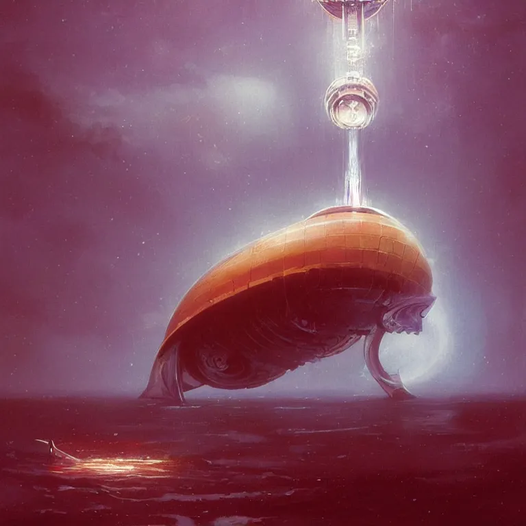 Image similar to mechanical nautilus spaceship dripping wet rising from a the ocean, sci - fi concept art, by john harris, by simon stalenhag, by vincent di fate, stunning, award winning