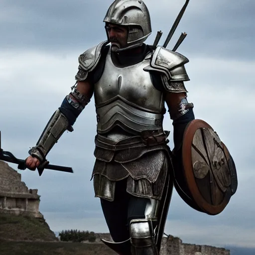 Image similar to oscar isaac in armor playing achilles, ancient city in background, ultra detailed, realistic, photography, movie poster