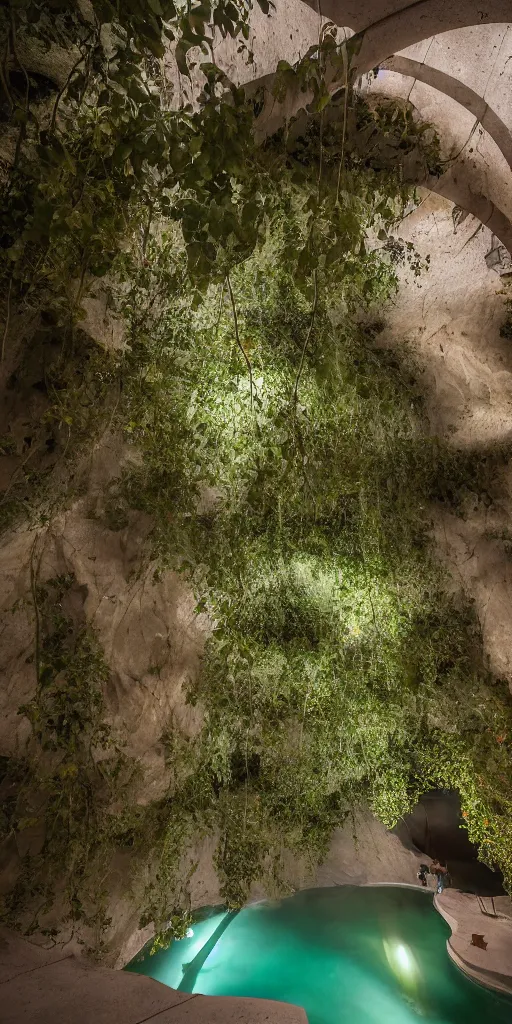 Prompt: photo inside underground arching caverns by andrew kudless. sunlight streams in from above. a man swims in a dark green pool. architectural photography. 4 k, 8 k. volumetric lighting. dark, somber, moody lighting. structural arch barrel vaults. ivy and many plants hanging from ceiling, weathered concrete.