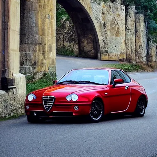 Prompt: a beautiful blonde woman driving an alfa romeo on a beautiful road, art decot style