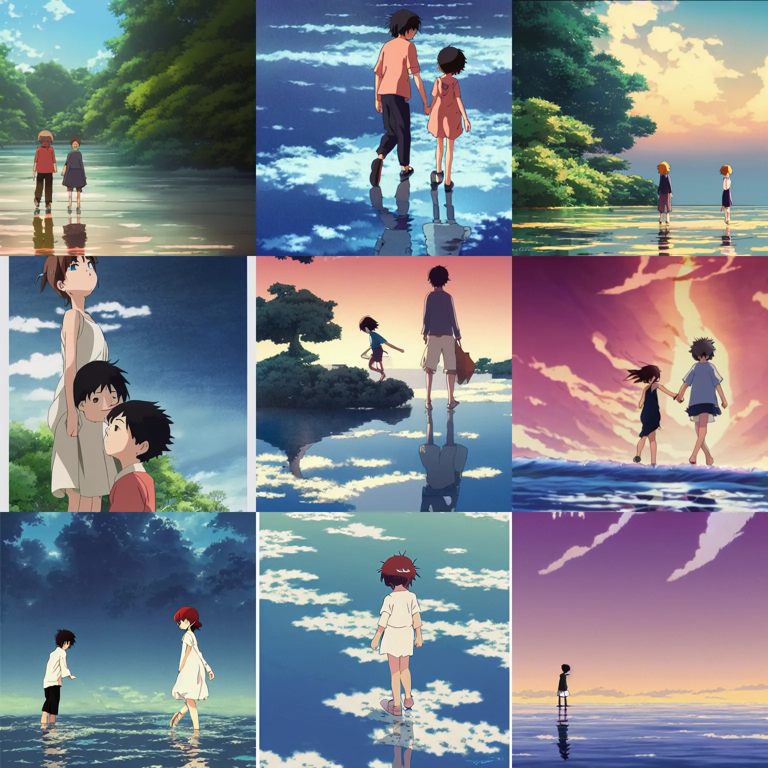 Prompt: young boy and young girl walking on water, anime, movie poster, by studio ghibli, makoto shinkai.
