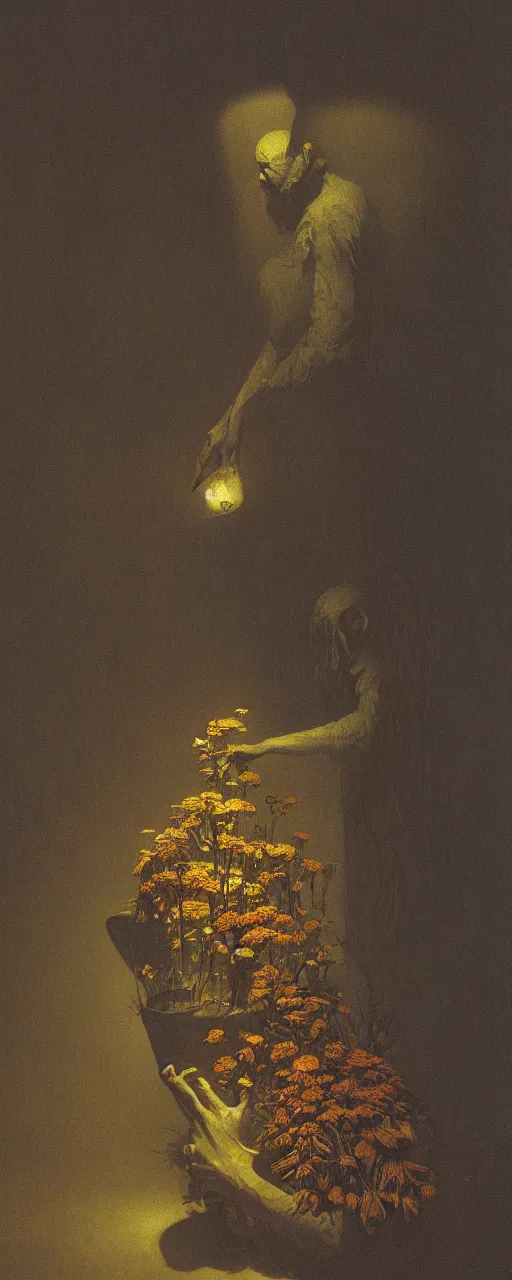 Image similar to a golemn tending to a beautiful dried flower in a dark room, zdzislaw beksinski, arthur rachham, interior, 8 k, artstation