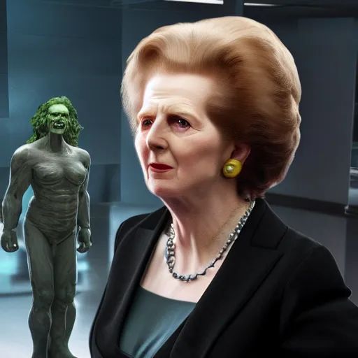 Prompt: Margaret Thatcher with hulk's body, realistic artstyle, wide shot, dramatic lighting, octane render, hyperrealistic, high quality, highly detailed, HD, beautiful, cinematic, 8k, unreal engine, facial accuracy, symmetrical