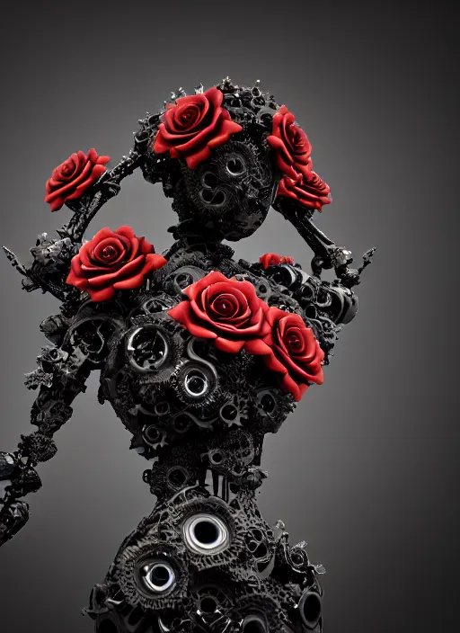 Prompt: biomechanical black statue made of corals, daisies, roses, well contoured smooth fair walls carrying perfume bottle, up close shot, sharp focus, global illumination, radiant light, alexandre ferra white mecha, irakli nadar, octane highly render, 4 k, ultra hd,