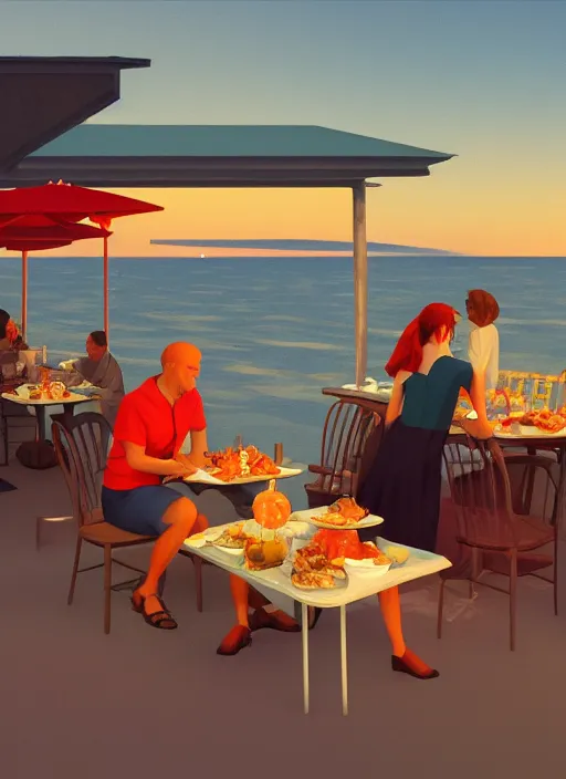 Prompt: Italian aperitivo at the seaside at sunset by Edward Hopper and James Gilleard, 8k, octane render, ultra sharp, detailed digital art
