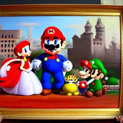 Image similar to super mario family portrait, oil painting, antique painting, highly detailed