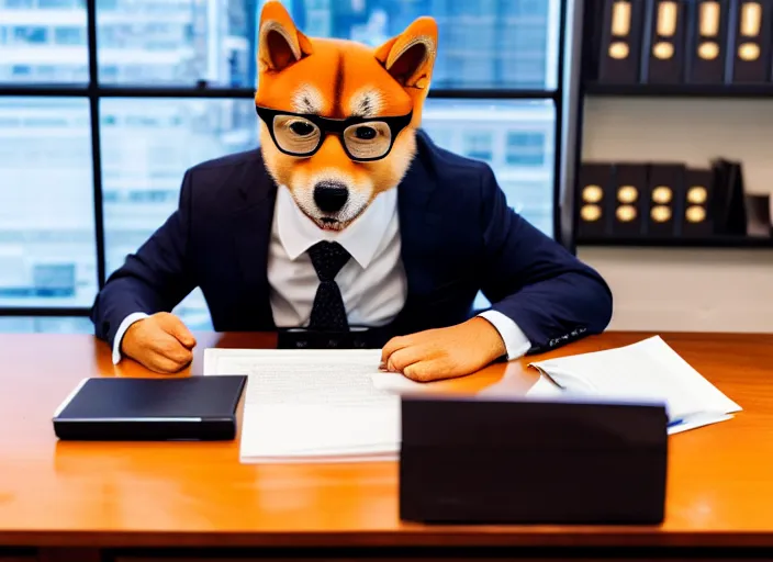 Prompt: photo of a real shiba inu dog in a suit and glasses, reading a document at a desk in an office. Highly detailed 8k. Intricate. Sony a7r iv 55mm. Award winning.