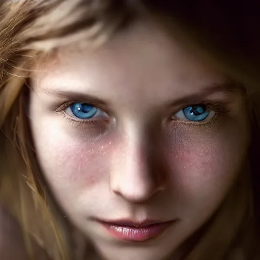 Prompt: photographic Close-up face of a extremely beautiful girl with clear eyes and light brown hair , high light on the left, non-illuminated backdrop, illuminated by a dramatic light, Low key lighting, light dark, High constrast, dramatic , Steve Mccurry, Lee Jeffries , Norman Rockwell, Craig Mulins ,dark background, high quality, photo-realistic, 8K,