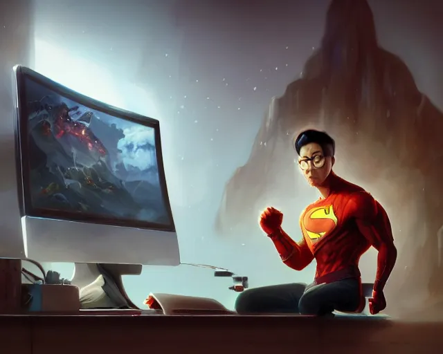 Image similar to an insanely detailed painting of a nerdy asian man wearing a superhero costume, sitting at a desk, staring at the nervously at the computer and typing, in the style of peter mohrbacher, dramatic lighting and composition, octane render, pixar, trending on artstation, concept art, comic book, view from behind