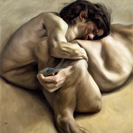Image similar to shadowy by lucian freud, by serge marshennikov. a beautiful photograph of a snake eating its own tail that seems to go on forever.