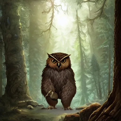 Image similar to three quarter portrait of an owlbear in the forest, d & d, fantasy, magali villeneuve,