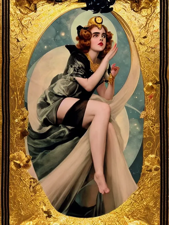 Prompt: kiernan shipka as the magic goddess Of the moon and witchcraft and satanism, a beautiful art nouveau portrait by Gil elvgren, moonlit New England forest environment, centered composition, defined features, golden ratio, intricate gold jewlery and black lace