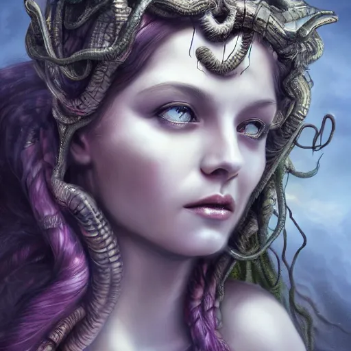 Image similar to an epic portrait of medusa, goddess, beautiful, detailed beautiful face, epic fantasy art, award winning on artstation, trending on deviantart, mystical atmosphere, mythology, high definiton, high detail, high quality, ultra realistic, hyper realistic, 4 k uhd,