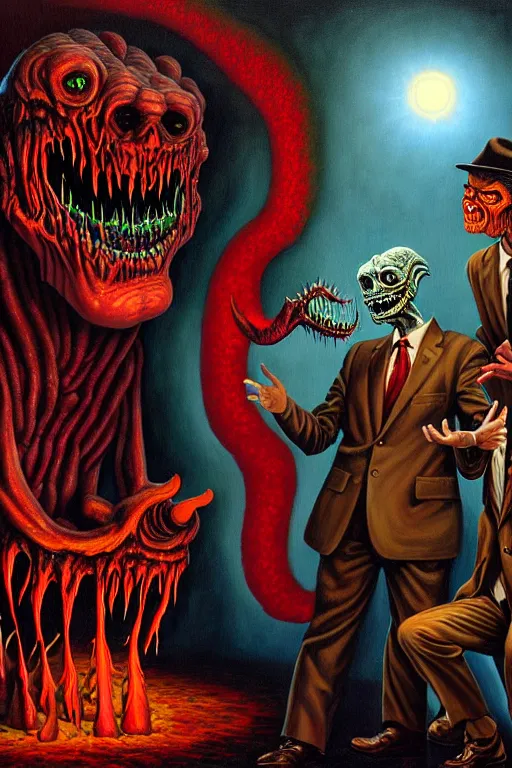 Image similar to a hyperrealistic painting of a news reporter interviewing monsters at the gates of hell, cinematic horror by jimmy alonzo, the art of skinner, chris cunningham, lisa frank, richard corben, highly detailed, vivid color,