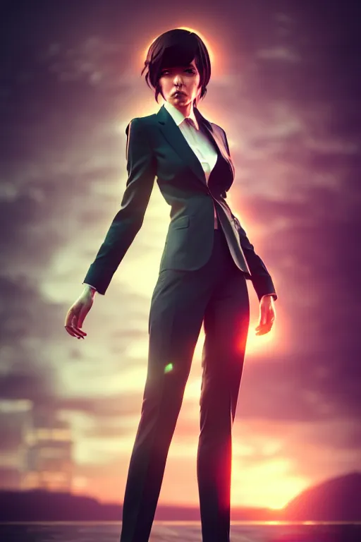 Prompt: a woman in a suit on a beautiful night inspired by ross tran and wlop and masamune shirow and kuvshinov, concept art, intricate, photorealistic, octane render, rtx, hdr, unreal engine, dnd digital art by artgerm