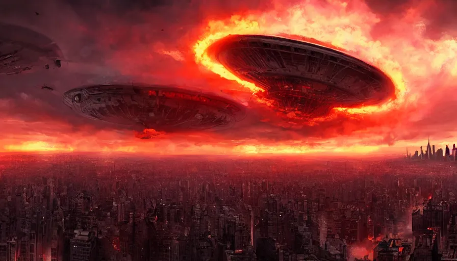 Image similar to humongous ufo upon destroyed new - york city, sky on fire, demolition, hyperdetailed, artstation, cgsociety, 8 k