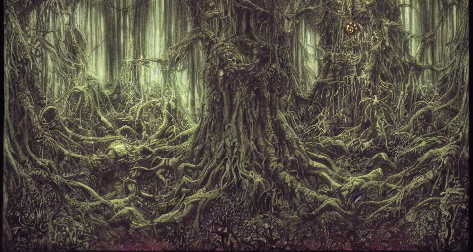 Prompt: A dense and dark enchanted forest with a swamp, by Brian Froud