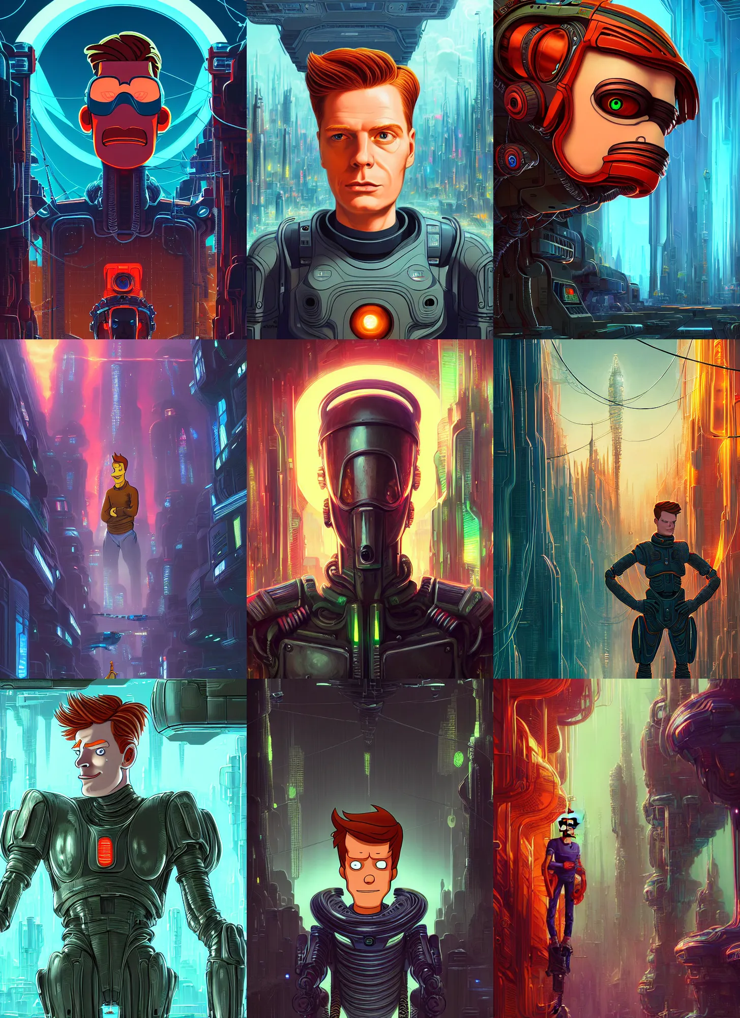 Prompt: portrait philip j. fry from futurama inside an scifi tentacles wires futuristic city, beautiful walls, cinematic, highly detailed, photorealistic, rich bright colors, trending on artstation, giger, tsutomu nihei, trending on cgsociety, awe inspiring bruce pennington cityscape, digital art painting of 1 9 6 0 s