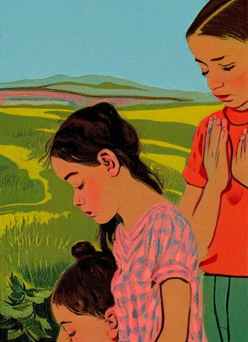 Prompt: an extreme close - up low angle portrait of a young girl and her young brother praying in a scenic representation of mother nature and the meaning of life by billy childish, thick visible brush strokes, shadowy landscape painting in the background by beal gifford, vintage postcard illustration, minimalist cover art by mitchell hooks