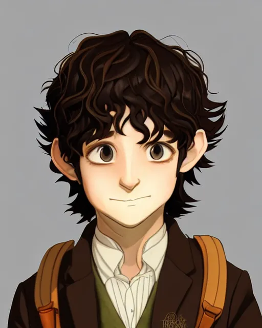 Prompt: portrait Anime joyful Hobbit Frodo Baggins; velvet brown jacket, backpack, Shire background || cute-fine-face, pretty face, realistic shaded Perfect face, fine details. Anime. realistic shaded lighting by brom