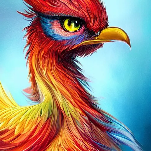 Image similar to cute flying chinese phoenix, sparkling bird eyes, embers in her bird eyes, shining rainbow feathers, sharp features, flowing fiery multicolor feathers, highly detailed, digital painting, artstation, concept art, smooth, sharp focus, beautiful rainbow feathers, expressive eyes, illustration, phoenix art by Artgerm and greg rutkowski