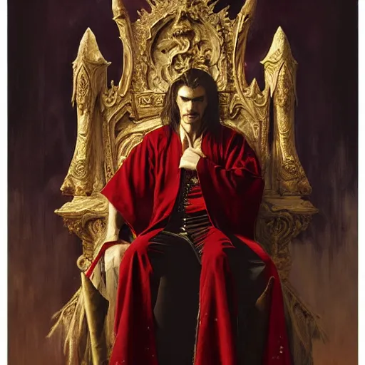 Image similar to perfectly centered portrait of attractive vampire king in a robe sitting on a throne of bones, highly detailed painting by gaston bussiere, craig mullins, j. c. leyendecker, 8 k