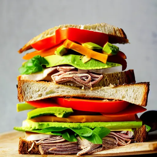Image similar to sandwich with tofu, tomato, onion, avocado and cheddar, studio photo, amazing light