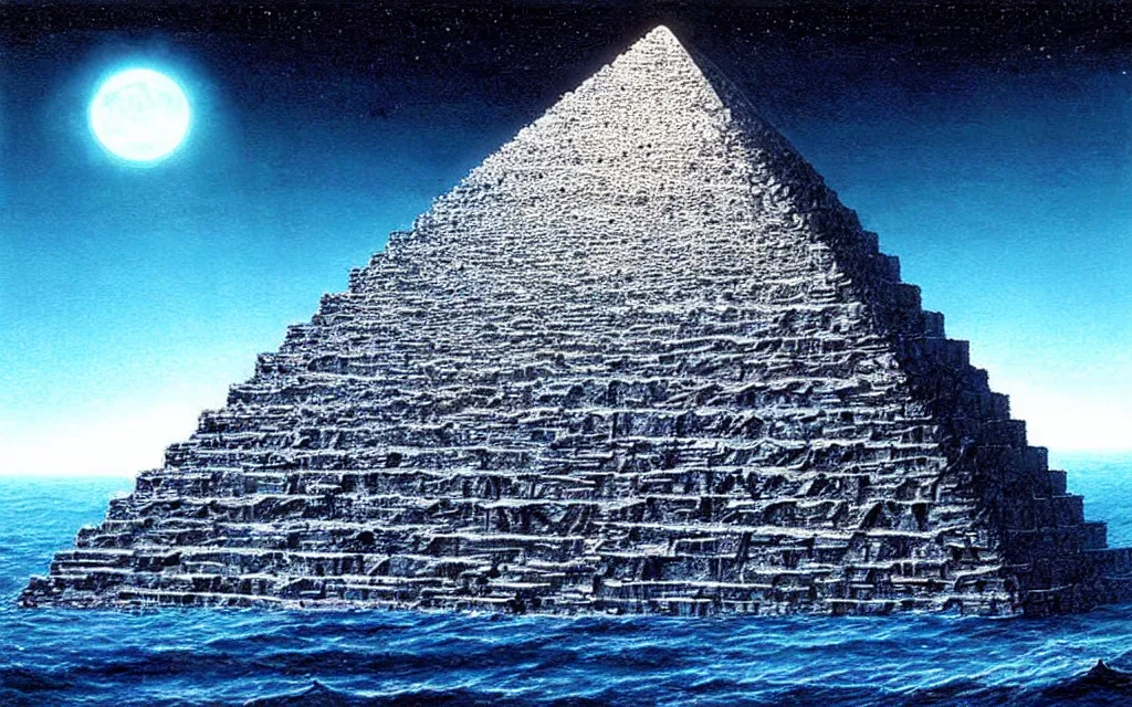 Prompt: pelagic oceanic pyramid of neptune, cybernetic future perfect, award winning digital art by alan bean