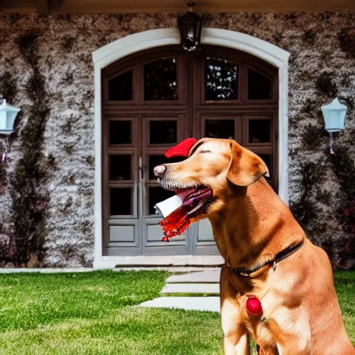 Prompt: a very detailed photo of a dog ( smoking a cigar ) outside the mansion by the pool